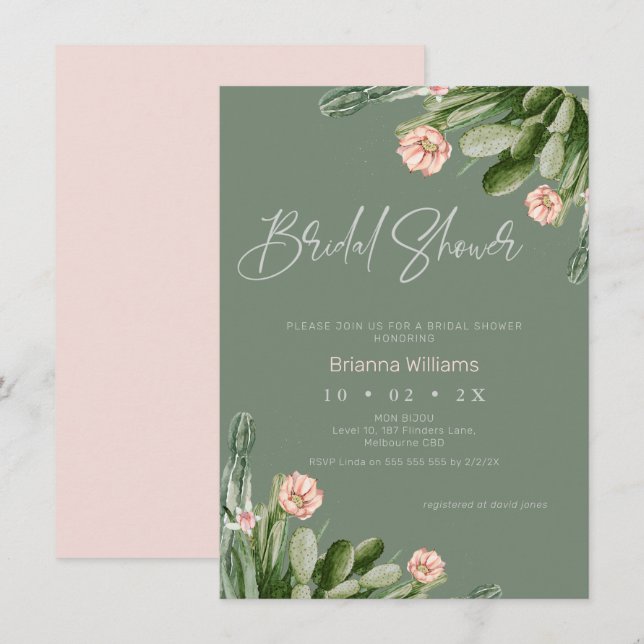 Invitación Cactus Calligraphy Bridal Shower (Anverso / Reverso)