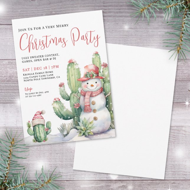 Invitación Cactus Christmas Party (Cactus Snowman Christmas Party Invitation)