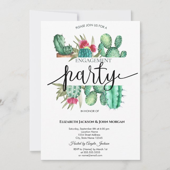 Invitación Cactus con puntos de acuarela Compromiso   (Anverso)