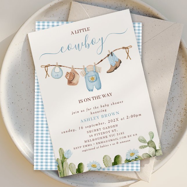 Invitación Cactus Cowboy Baby Shower (Little Cowboy Baby Shower Invitation Blue Floral Cactus, Cowboy Baby Shower Invitation Clothesline)