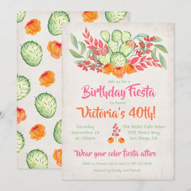 Invitación Cactus de acuarela de fiesta de cumpleaños de Fies (Anverso / Reverso)