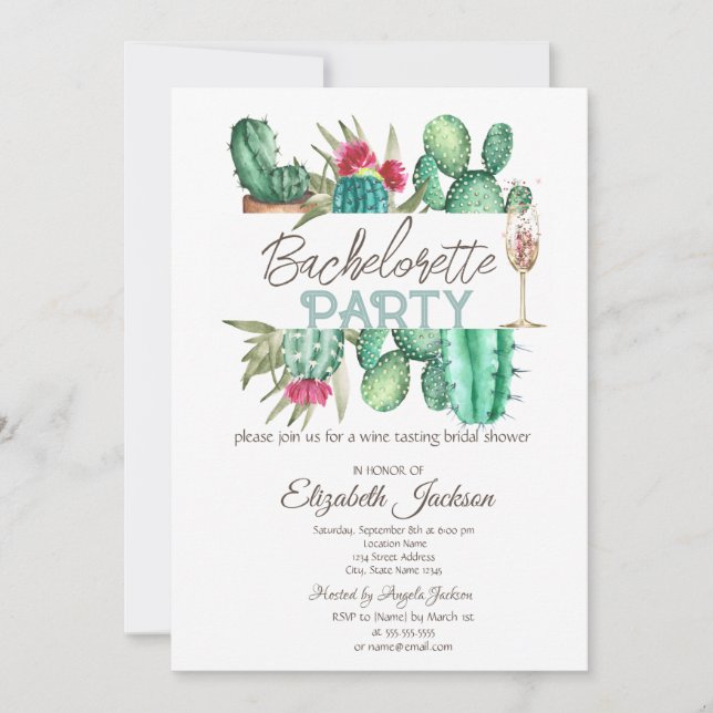 Invitación Cactus de Acuarela Lunares Despedida de Soltera (Anverso)