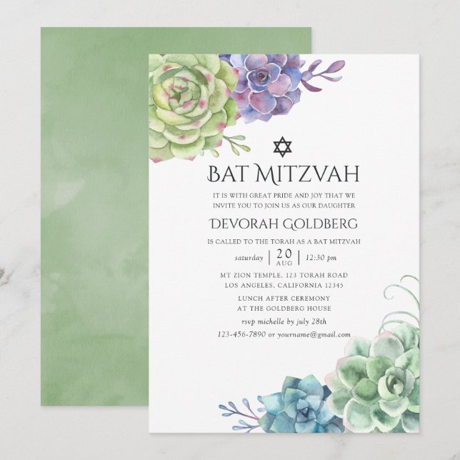 Invitación Cactus de acuarela Suculentas Bat Mitzvah (Anverso / Reverso)