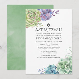 Invitación Cactus de acuarela Suculentas Bat Mitzvah