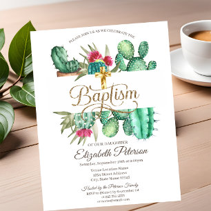 Invitación Cactus de Cruz Dorada Elegante Lunares