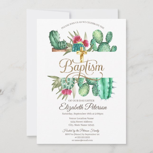 Invitación Cactus de Cruz Dorada Elegante Lunares (Anverso)