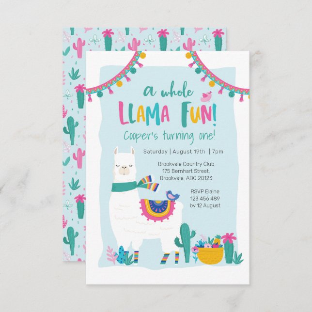 Invitación Cactus de fiesta de Cute Llama (Anverso / Reverso)
