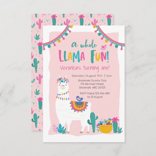 Invitación Cactus de fiesta de Cute Llama (Anverso / Reverso)