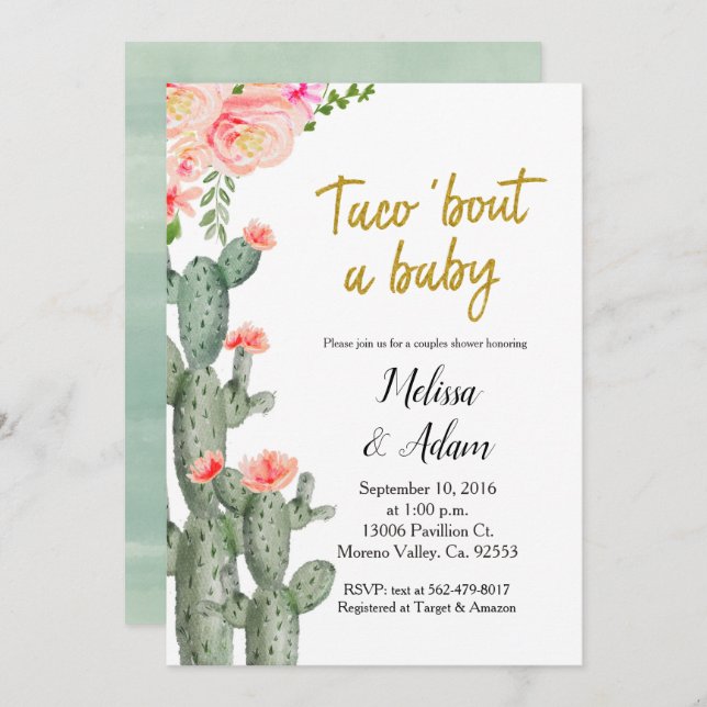 Invitación Cactus de oro floral Taco Bout Baby Baby Shower (Anverso / Reverso)