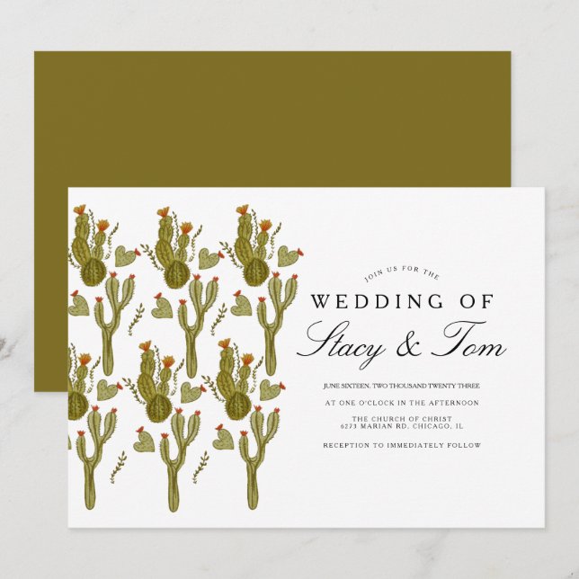 Invitación Cactus de Tuna Pintado a Mano Verde Wedding (Anverso / Reverso)