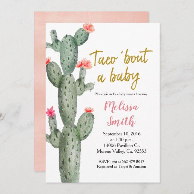 Invitación Cactus dorados floral Baby Shower Taco Bout Baby (Anverso / Reverso)