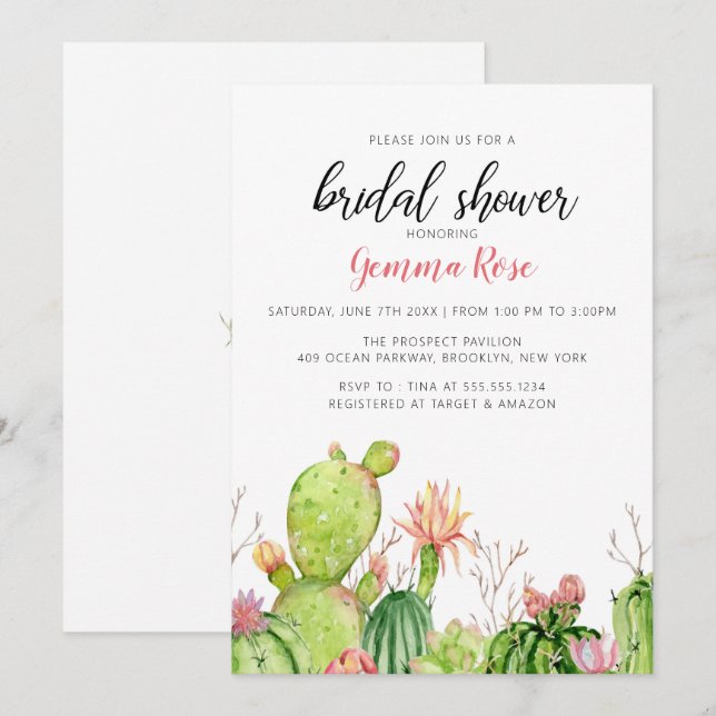 Invitación Cactus, ducha nupcial de la fiesta (Anverso / Reverso)