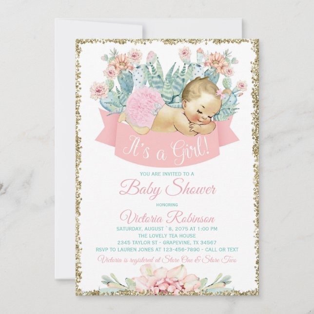 Invitación Cactus Fiesta Blonde Chica Baby Shower (Anverso)