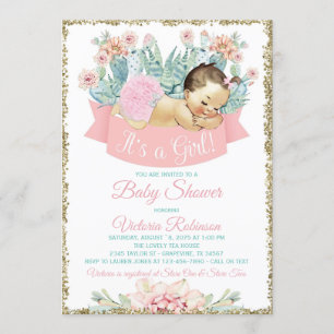 Invitación Cactus Fiesta Niña Morena Baby Shower