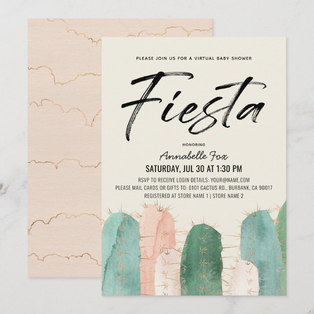 Invitación Cactus Fiesta Pink Virtual Baby Shower (Anverso / Reverso)
