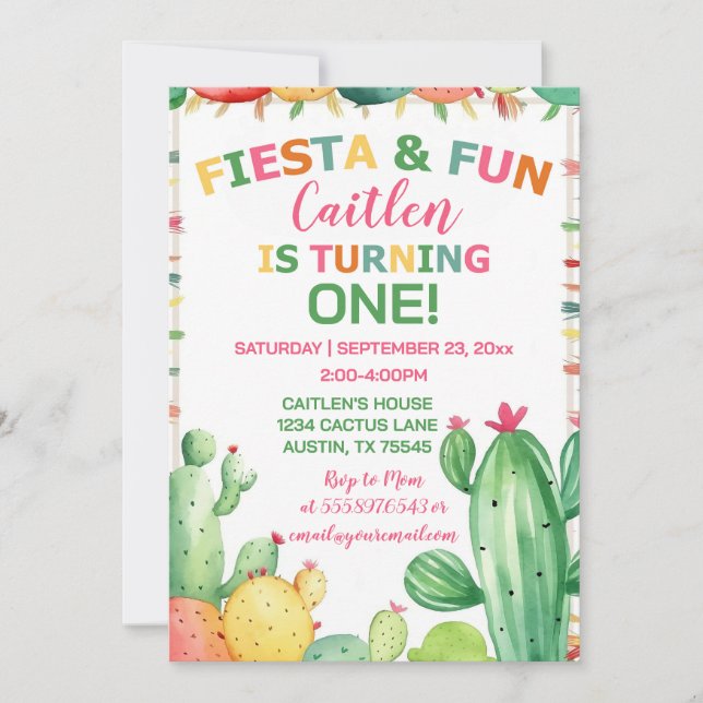 Invitación Cactus Fiesta Primer Chica de cumpleaños Colorful (Anverso)