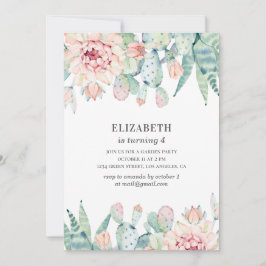 Invitación Cactus floral acuarela. Niña. Cumpleaños de niños