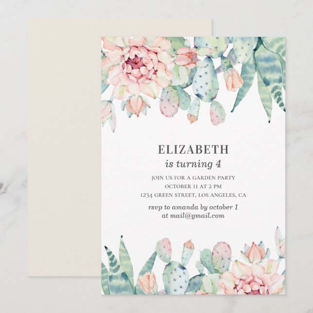 Invitación Cactus floral acuarela. Niña. Cumpleaños de niños (Anverso / Reverso)