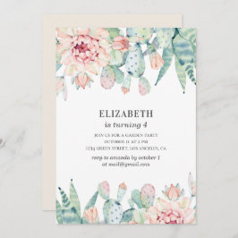 Invitación Cactus floral acuarela. Niña. Cumpleaños de niños