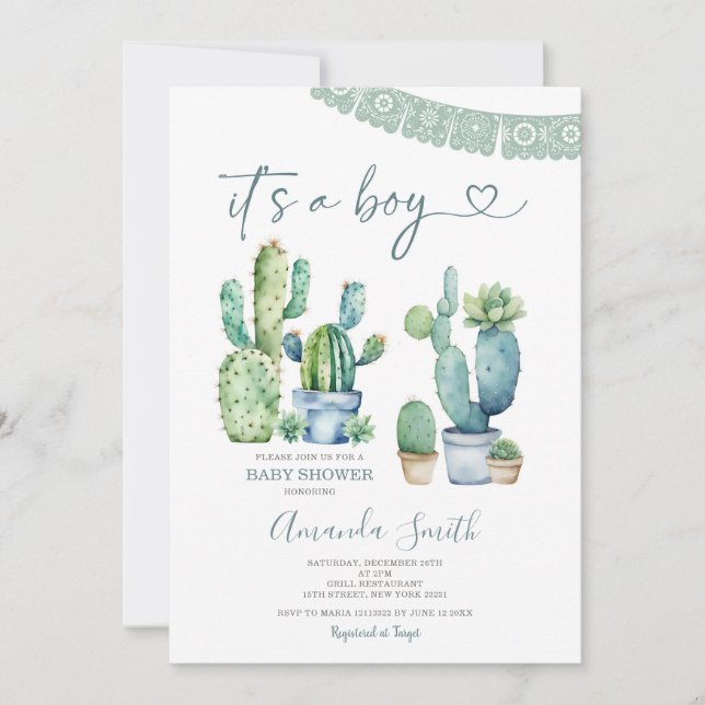 Invitación Cactus Floral de la vegetación azul es un niño Bab (Anverso)