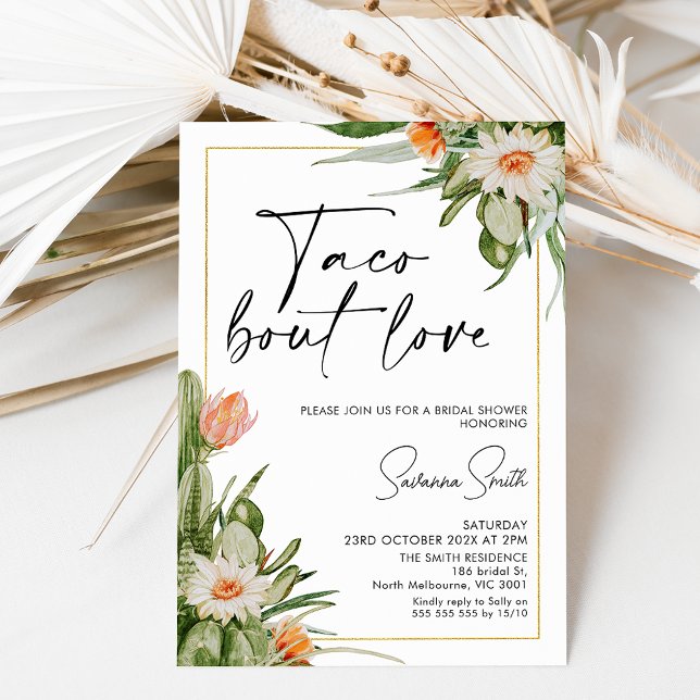 Invitación Cactus Floral Gold Frame Taco Love Bridal Shower (Subido por el creador)