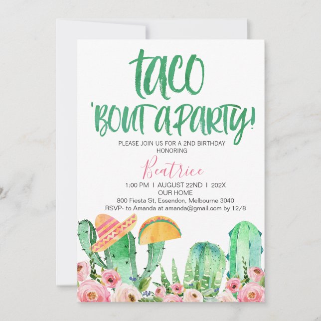 Invitación Cactus Floral Rosa Taco Bout Un Cumpleaños Fiesta (Anverso)