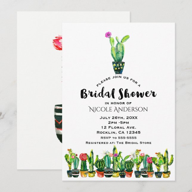 Invitación Cactus Floral Rustic Southwestern Bridal Shower (Anverso / Reverso)