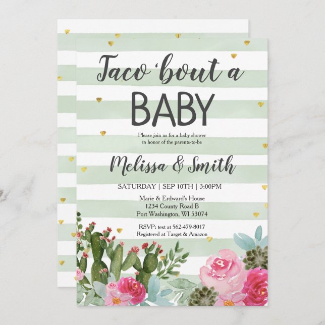 Invitación Cactus floral Taco Bout Baby Baby Shower (Anverso / Reverso)