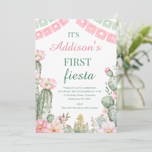 Invitación Cactus Floral Verde Rosa Primera Fiesta Primer Cum (Anverso de pie)