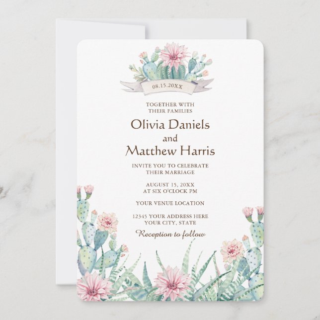 Invitación Cactus floral y suculento. Boda botánico (Anverso)