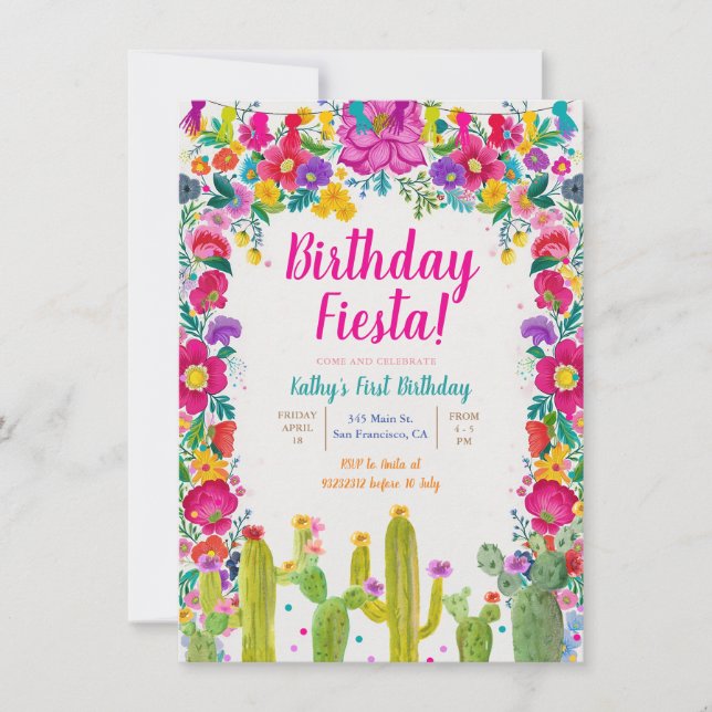 Invitación Cactus Flower Mexicana Fiesta de Cumpleaños (Anverso)