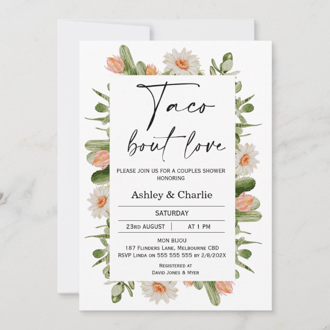 Invitación Cactus Frame Taco 'bout Love Couples Shower (Anverso)