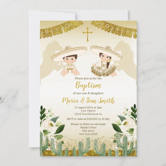 Invitación Cactus Gold bautismo Fiesta Twin (Anverso)