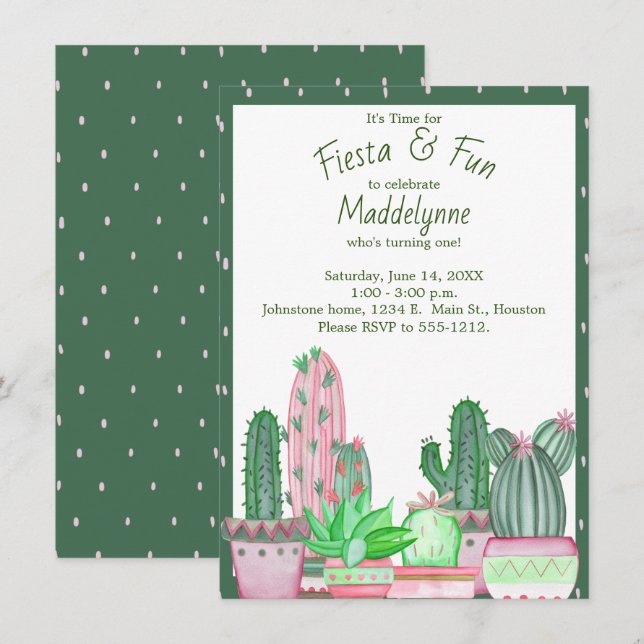 Invitación Cactus Green y Pink Birday (Anverso / Reverso)