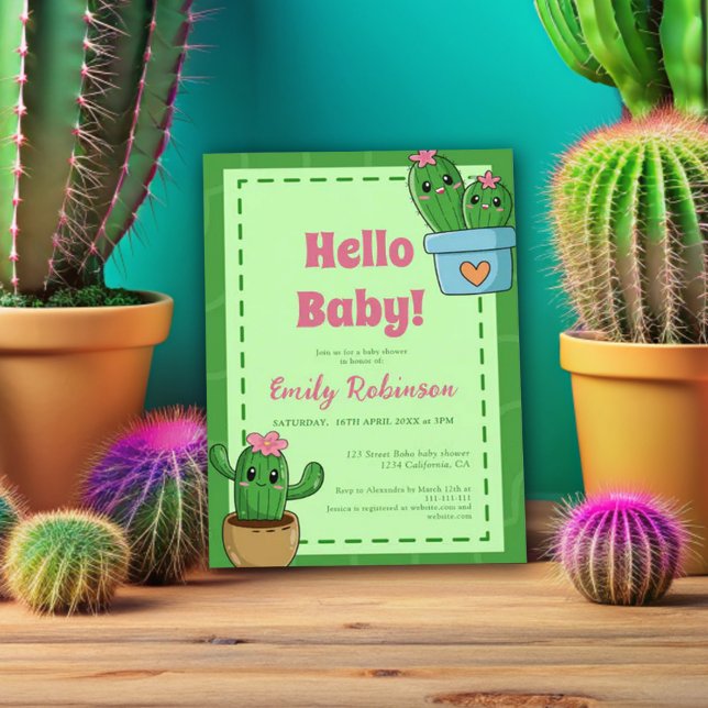 Invitación Cactus Hello Baby Shower Green Pink Grass (Subido por el creador)