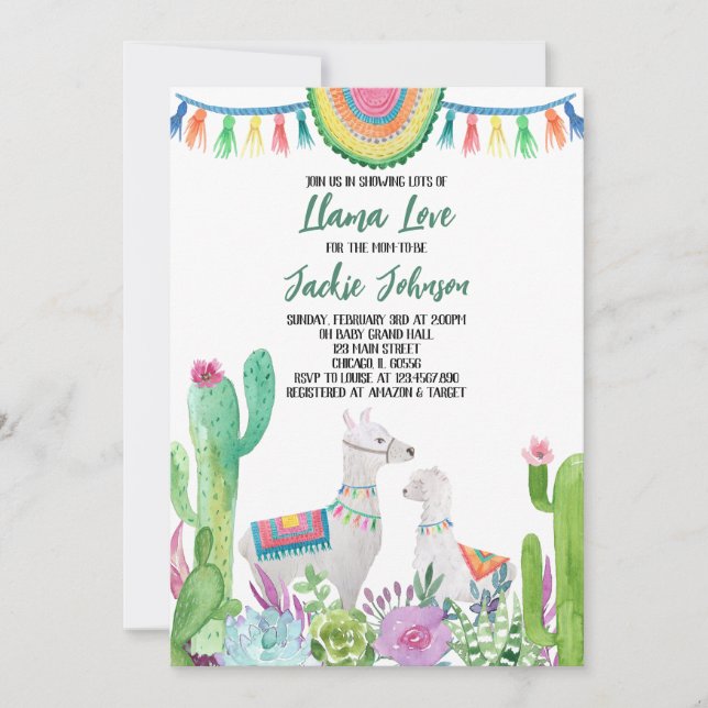 Invitación Cactus Llama Baby Shower (Anverso)