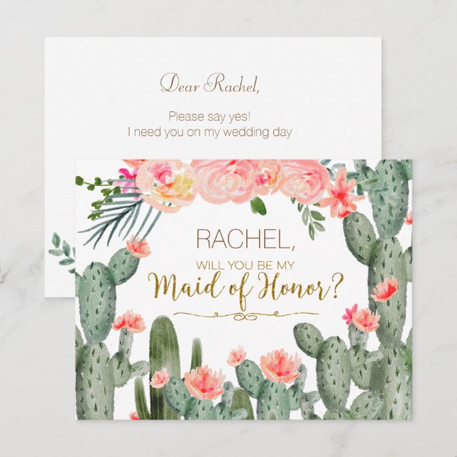 Invitación Cactus Mexican Will You Be My Maid Card (Anverso / Reverso)