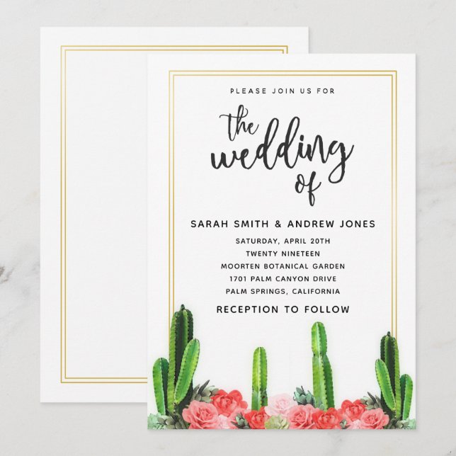 Invitación Cactus moderno, Boda suculento y floral (Anverso / Reverso)