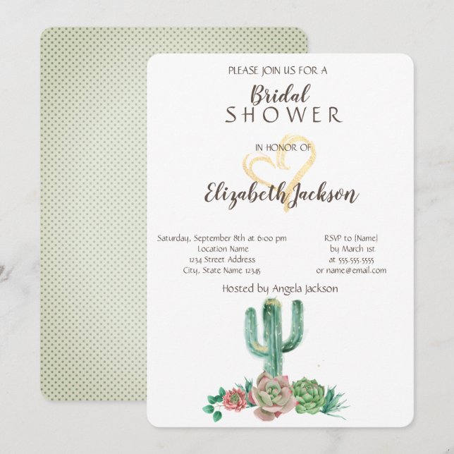 Invitación Cactus Moderno Suculento Corazón Dorado  Llamada d (Anverso / Reverso)
