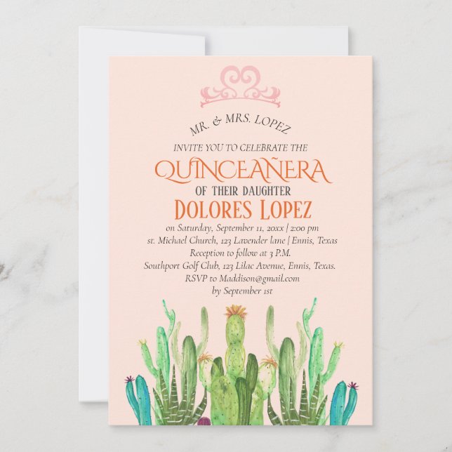 Invitación Cactus moderno Tiara Quinceañera Fiesta Cumpleaños (Anverso)