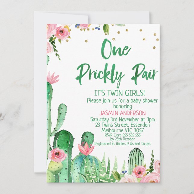Invitación Cactus One Pricky Pareja Twins Baby Shower (Anverso)