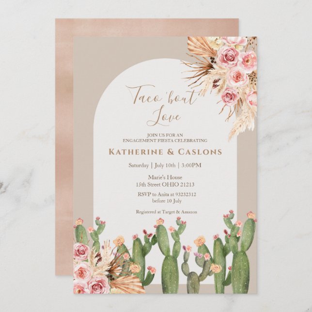 Invitación Cactus Pampas Grass Taco Bout Love Engagement (Anverso / Reverso)