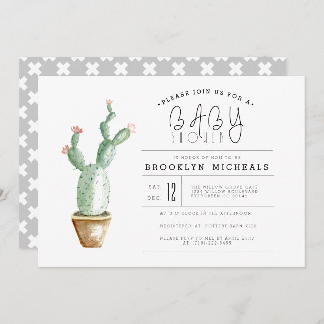 Invitación Cactus Planter | Baby Shower acuarela (Anverso / Reverso)