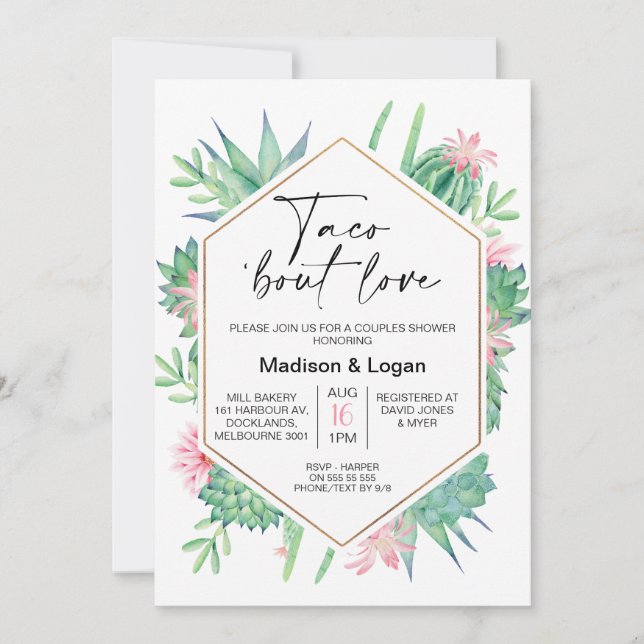 Invitación Cactus rosado geométrico Taco Bout Love Bridal Sho (Anverso)