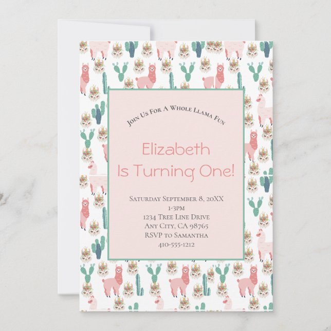 Invitación Cactus rosados y verdes de Llama Cute niños Cumple (Anverso)