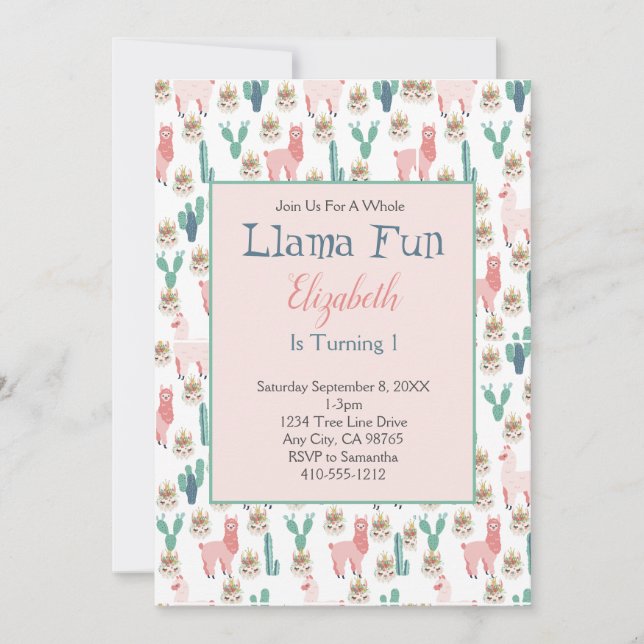 Invitación Cactus rosados y verdes de Llama Cute niños Cumple (Anverso)