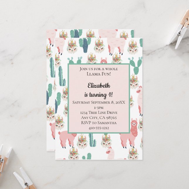 Invitación Cactus rosados y verdes de Llama Cute niños Cumple (Anverso/Reverso In Situ)