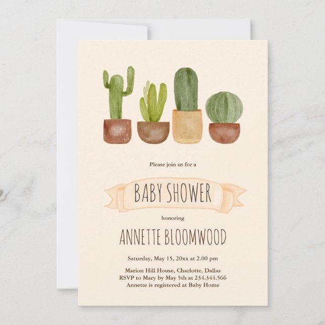 Invitación Cactus Succulent Terracotta Pot Baby Shower (Anverso)