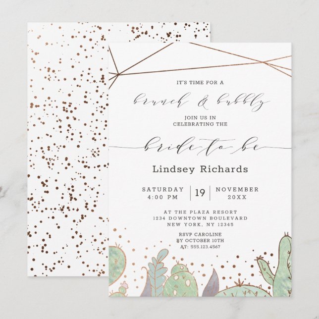 Invitación Cactus Suculent Terrarium Brunch & Bubbly Shower (Anverso / Reverso)