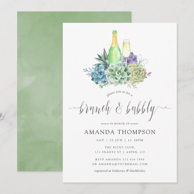 Invitación Cactus Suculentas Acuarela Brunch y Burbujeante (Anverso / Reverso)